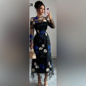 Sheer Black Midi Dress with Blue & Ivory Floral Embroidery
